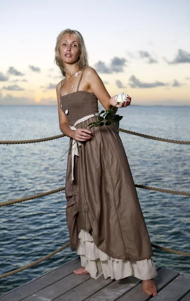 La hermosa mujer en un vestido largo en una plataforma de madera sobre el mar —  Fotos de Stock