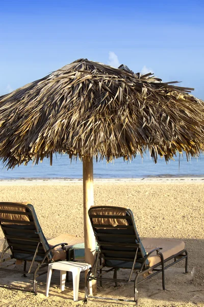 Σαλόνια ομπρέλα και ξαπλώστρες στην παραλία — Φωτογραφία Αρχείου