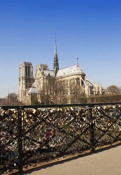 Kilitler ve Notre-Dame köprüsüyle. Fransa. Paris — Stok fotoğraf