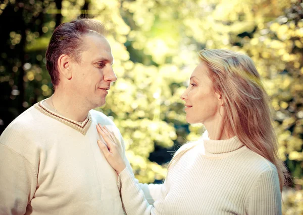 Älskande par på en bakgrund bladverk med en retro effekt — Stockfoto