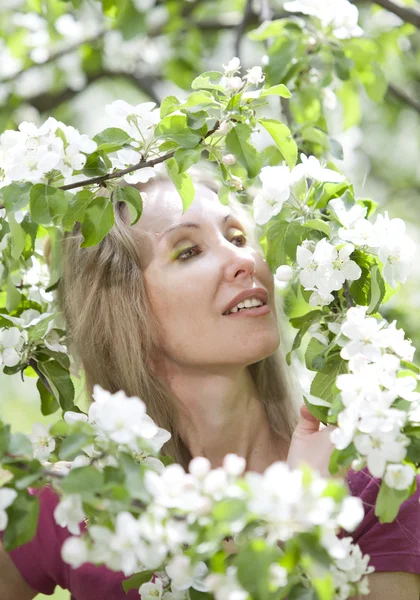 Молодая привлекательная женщина стоит рядом с цветущей яблоней — стоковое фото