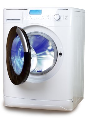 beyaz zemin üzerinde çamaşır makinesi