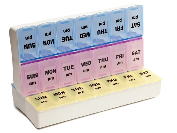 Plastic box with small separations for each day of the week (for example for drugs) — Stock Photo, Image