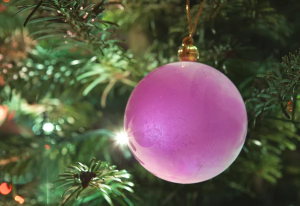 Roze Nieuwjaar ballen op een tak van een kerstboom — Stockfoto