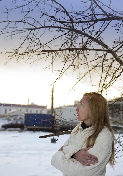 A jovem mulher congelada está sob a neve caindo — Fotografia de Stock