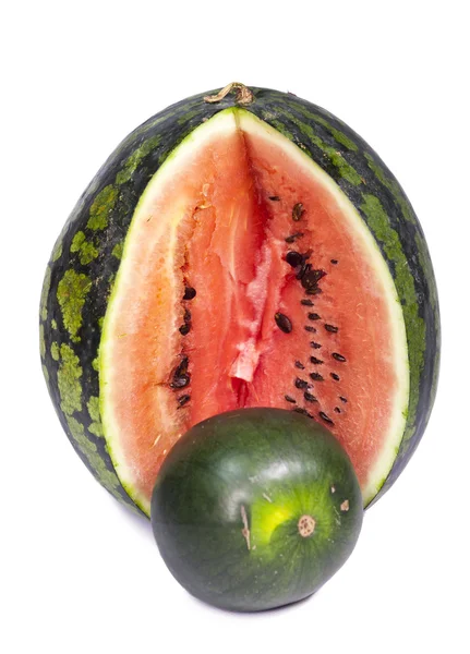 Duas melancias de vários graus - grande e anão, pequena profundidade da agudeza, foco em uma crosta de uma grande melancia — Fotografia de Stock