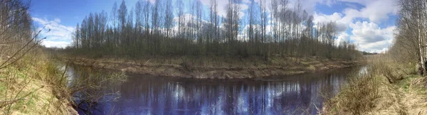 La orilla del río en la primavera temprana con la nieve derretida y una hierba seca vieja —  Fotos de Stock