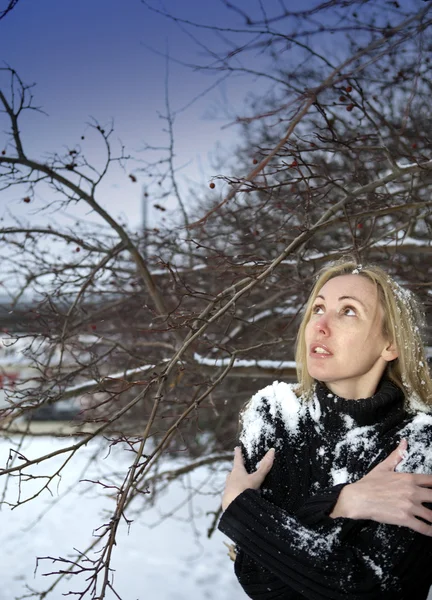 Die junge erfrorene Frau steht unter dem fallenden Schnee unter einem Baum — Stockfoto