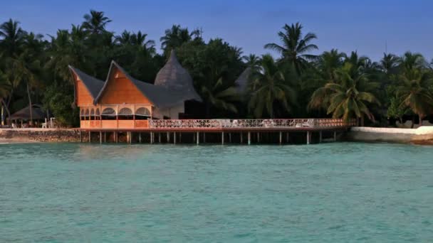 Het eiland met palmbomen en traditionele tropische hut — Stockvideo