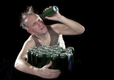 Hangover. The man examines, whether there is no beer drop in a can clipart