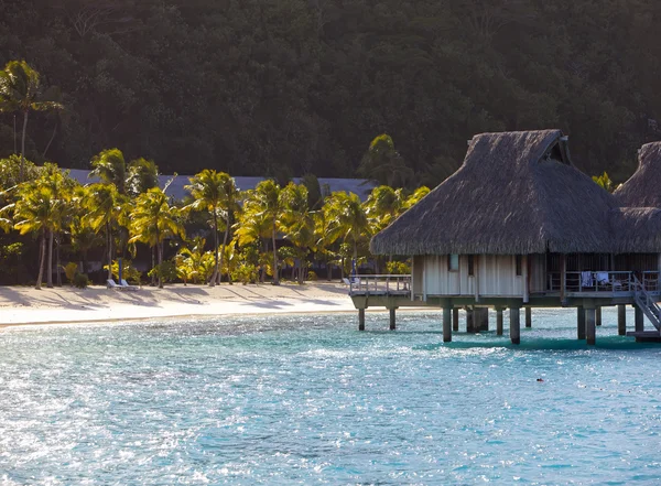 Insel mit Palmen und kleinen Häusern auf dem Wasser im Meer und Bergen im Hintergrund — Stockfoto