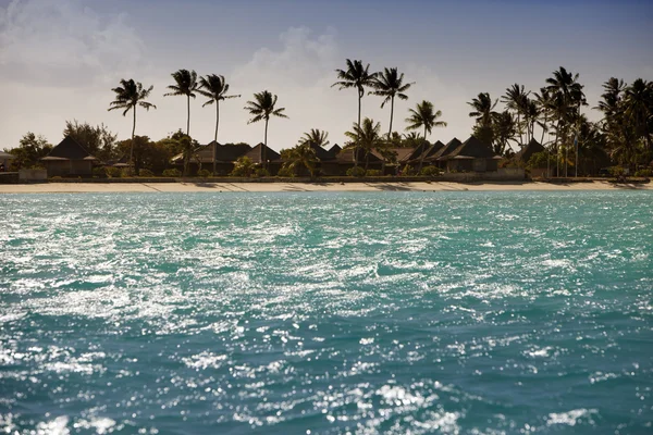 Берег моря с пальмами и домиками — стоковое фото