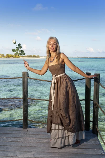 Egy hosszú ruha, egy fából készült emelvény, a tenger felett a gyönyörű nő — Stock Fotó