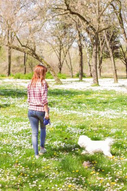 Mutlu kadın köpeğini ile doğanın keyfini