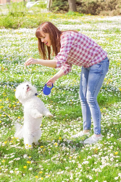 Lycklig kvinna njuter av naturen med sin hund — Stockfoto