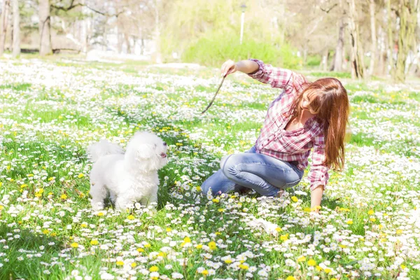 Felice donna godendo la natura con il suo cane — Foto Stock