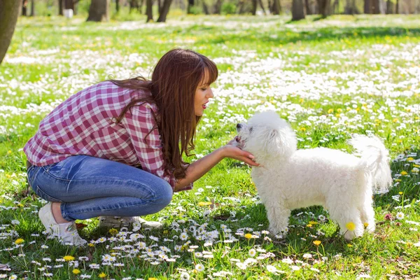 Mujer feliz disfrutando de la naturaleza con su perro — Foto de Stock