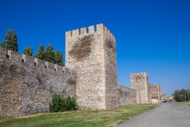 Smederevo Kalesi. Ortaçağ güçlendirilmiş şehri. Tuna Nehri 'nin sağ kıyısında yer alıyor. Smederevo, Sırbistan. Turizm beldesi 
