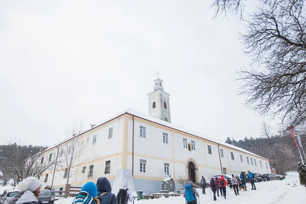 Paisaje Invernal Día Nevado Monasterio Ortodoxo Velika Remeta Monasterio Situado — Foto de Stock