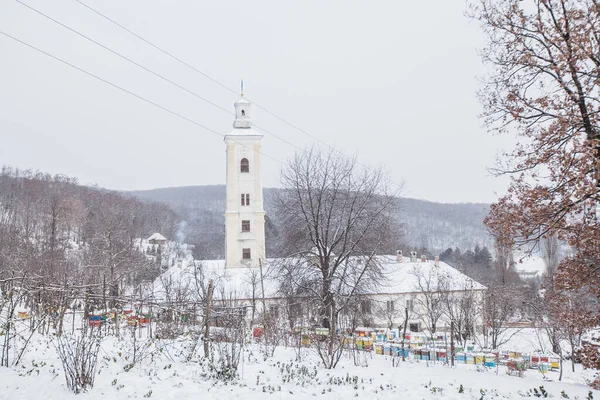 Paisaje Invernal Día Nevado Monasterio Ortodoxo Velika Remeta Monasterio Situado — Foto de Stock