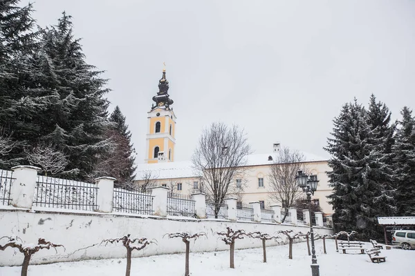 Paisaje Invernal Día Nevado Monasterio Ortodoxo Grgeteg Situado Pueblo Grgeteg — Foto de Stock