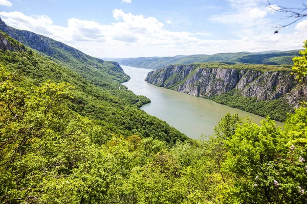 从塞尔维亚一方 塞尔维亚一方和罗马尼亚边界的观点看多瑙河上令人惊奇的峡谷全景 春天的自然景观 — 图库照片