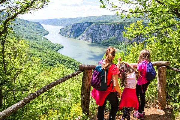 Familie Uitkijkpunt Prachtig Natuurlandschap Prachtig Uitzicht Donau Zonnige Lentedag Reisbestemming — Stockfoto