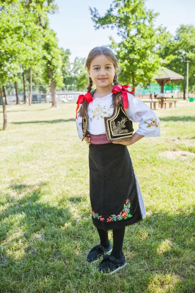 Serbian Folklore Smiling Cute Little Girl Traditional Serbian Clothing Outdoor — Stok fotoğraf