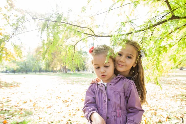 Happy Portrait Little Girls Autumn Day Nature Natural Light Cheerful — 스톡 사진