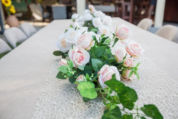 Beautiful flowers birthday rustic decoration in summer garden, natural light, daylight , summertime