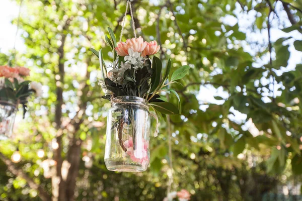 Beautiful flowers birthday rustic decoration in summer garden, natural light, daylight , summertime