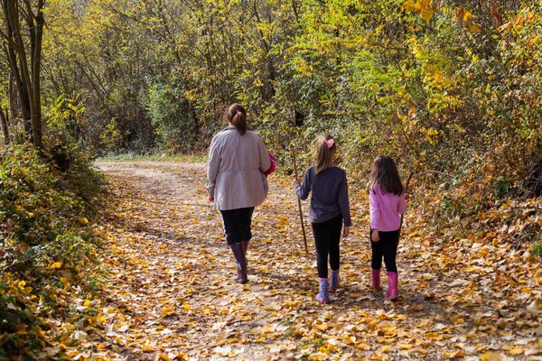 Familjevandring Mamma Och Hennes Döttrar Koppla Vacker Höst Solig Dag — Stockfoto