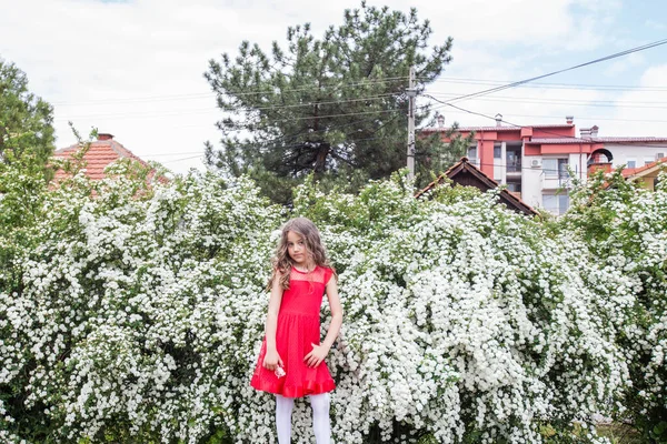 Šťastná Holčička Červených Šatech Kudrnatým Účesem Venkovní Portrét Jaře — Stock fotografie