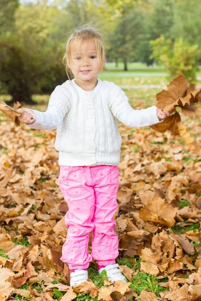 Menina brincando com folhas de outono — Fotografia de Stock