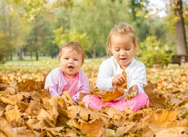Bebek ve küçük kız sonbahar yaprakları ile eğlenin — Stok fotoğraf