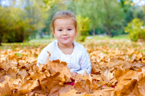 Niña disfrutar en otoño hojas — Foto de Stock