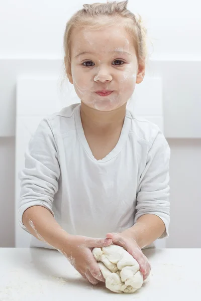 Little Girl Have Fun With Kneading Dough — Stock Photo, Image