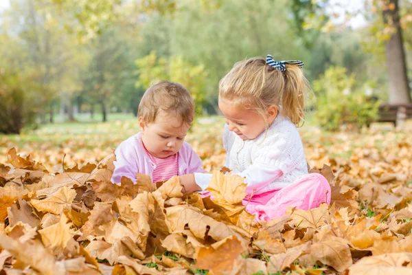 Дитина і маленька дівчинка розважаються з осіннім листям — стокове фото
