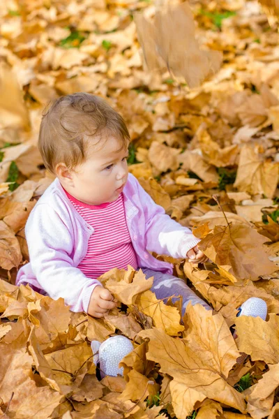 Bebê jogando com folhas de outono — Fotografia de Stock