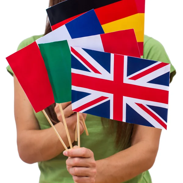 Étudiante avec drapeaux internationaux — Photo