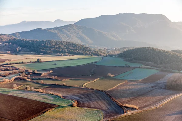 Vista aérea de campos agrícolas em La Garrotxa, Catalunha — Fotografia de Stock
