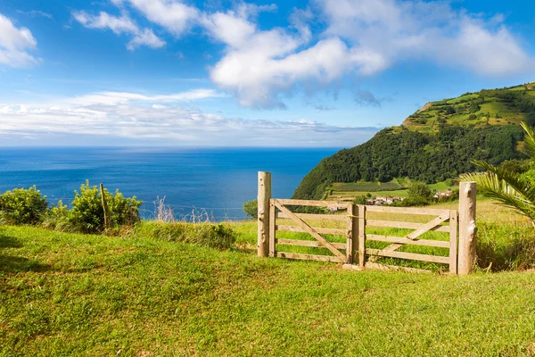 Fields and fence over Atlantic Ocean in Sao Miguel, Azores Islan — Stock Photo, Image