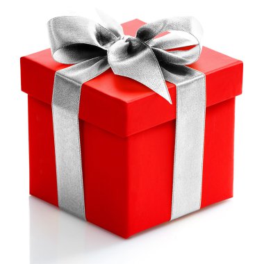 beyaz zemin üzerine altın şerit ile tek kırmızı hediye kutusu. 