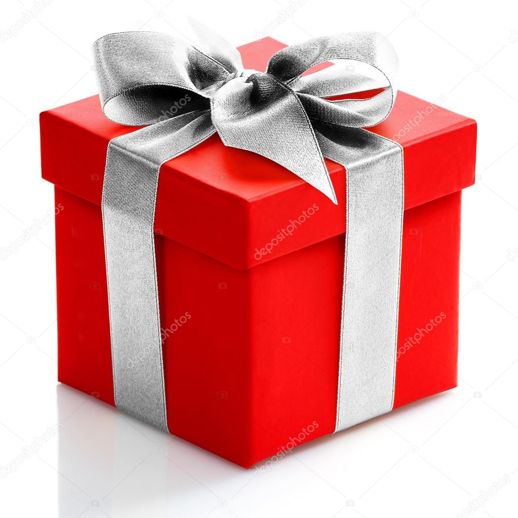 Single red gift box with gold ribbon on white background. Stock Photo