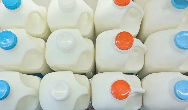 milk bottles on shelf