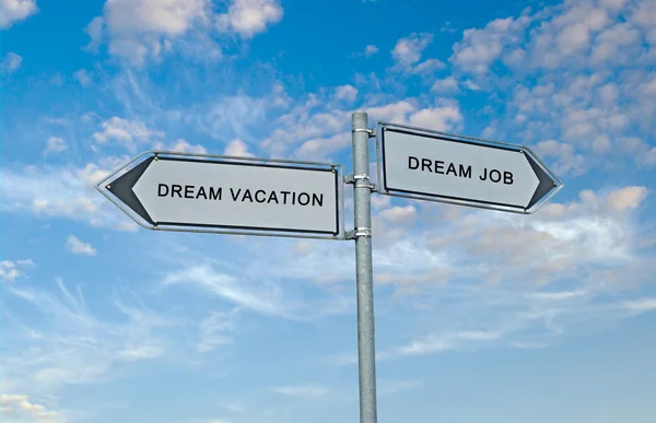 Road Sign to dream vacation and dream job — Stock Photo, Image