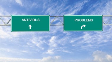 Direction road sign with  words antivirus and problems
