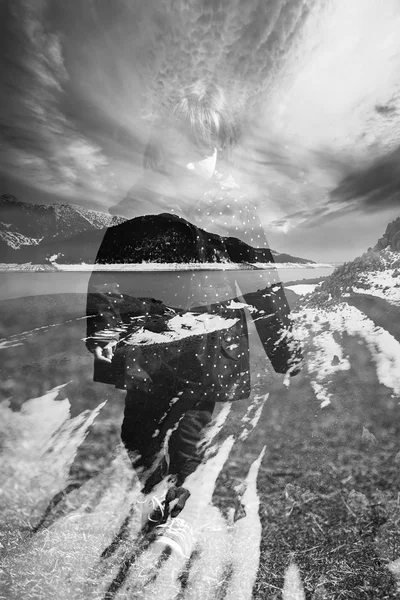 Little Girl Raincoat Walking Meadow Icelandic Landscape Second Exposure Stock Fotografie