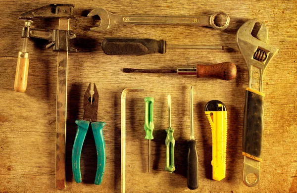 Conjunto Diferentes Herramientas Sobre Fondo Madera — Foto de Stock