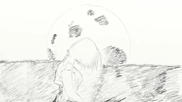 Illustration Woman Front Moon — Stock Photo, Image